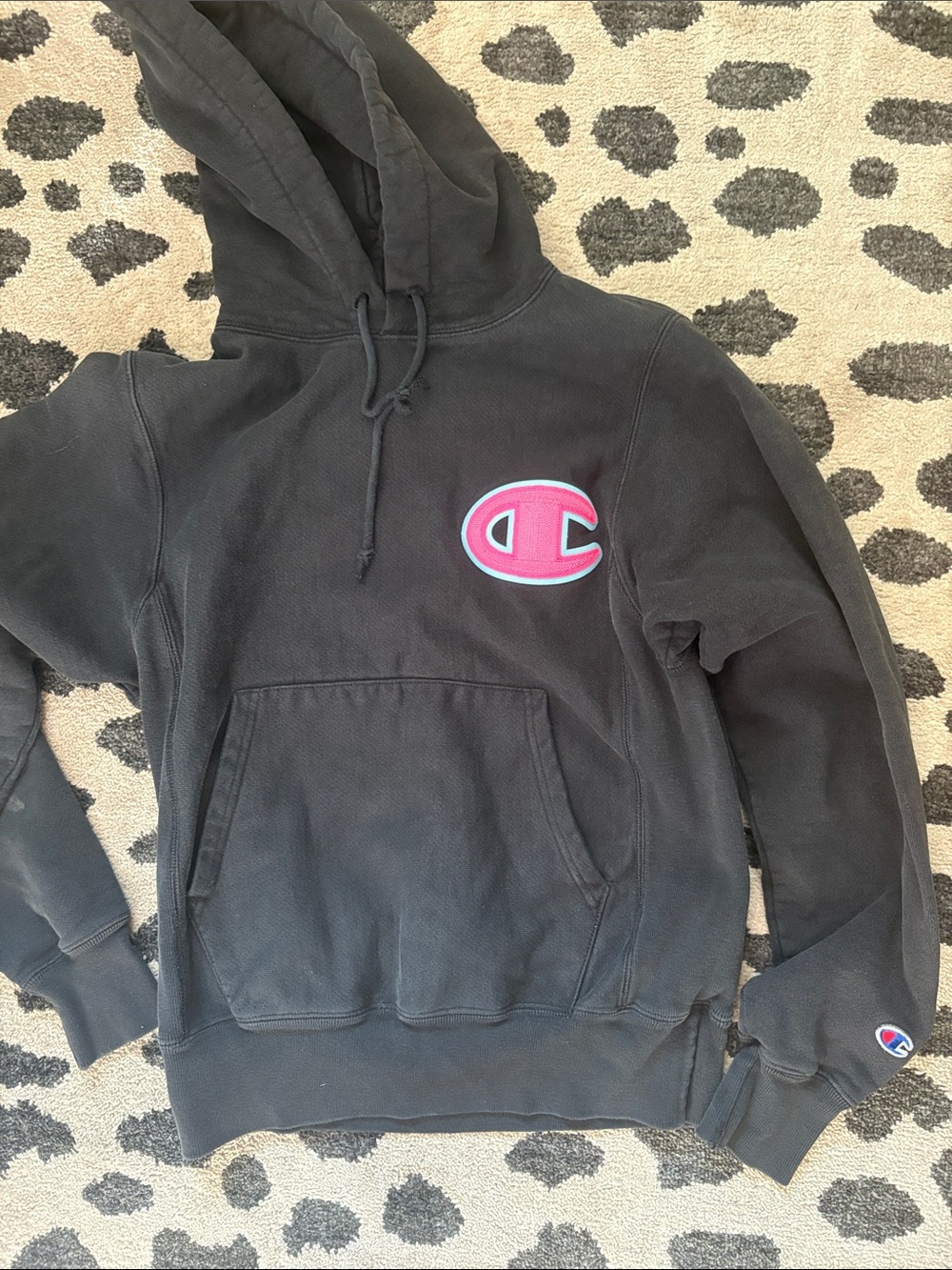 Champion Black Hoodie with Pink Logo Patch - Womens